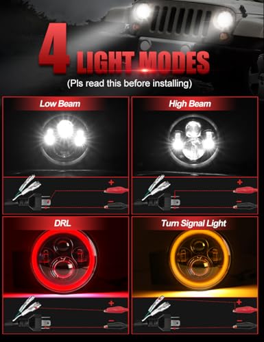 UNI-SHINE 7 inch Red Halo led Headlight Hi/Lo Beam with Amber Turn Signal 2pcs 7 inch led Headlight DOT Round H6024 LED Headlight Compatible with Jeep Wrangler JK TJ CJ, Compatible with Chevy - Image 4