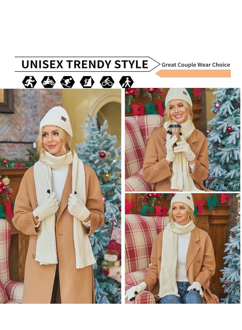 Generic Womens Winter Knit Warm Hat Beanie+Long Scarf+Touch Screen Gloves Set Skull Caps Neck Scarves for Women Men - Image 4