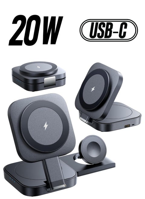 3 in 1 Magnetic Wireless Charger, Foldable Wireless Charging Station for Travel, Fast MagSafe Wireless Charging Pad for iPhone 14/13/12, Apple Watch & Airpods.
