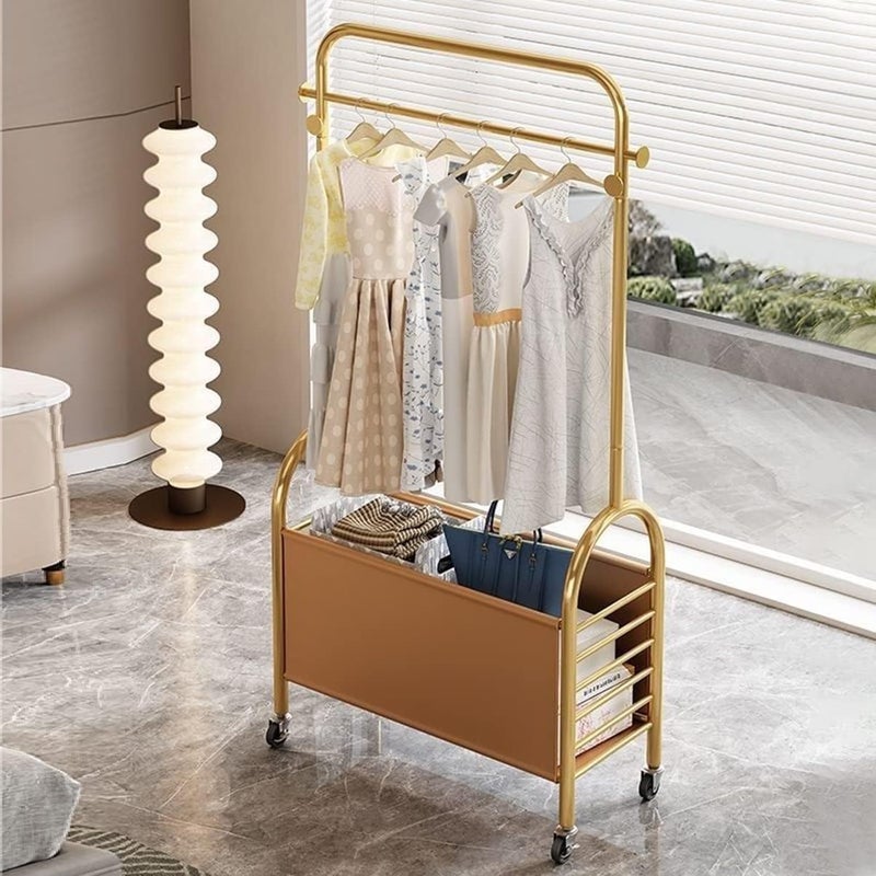 Lukzer Iron Clothes Rail Stand With Wheels Garment Racks With 1 Tier 4 Hook Do It Yourself Size 75X35X172CmGold - Image 1