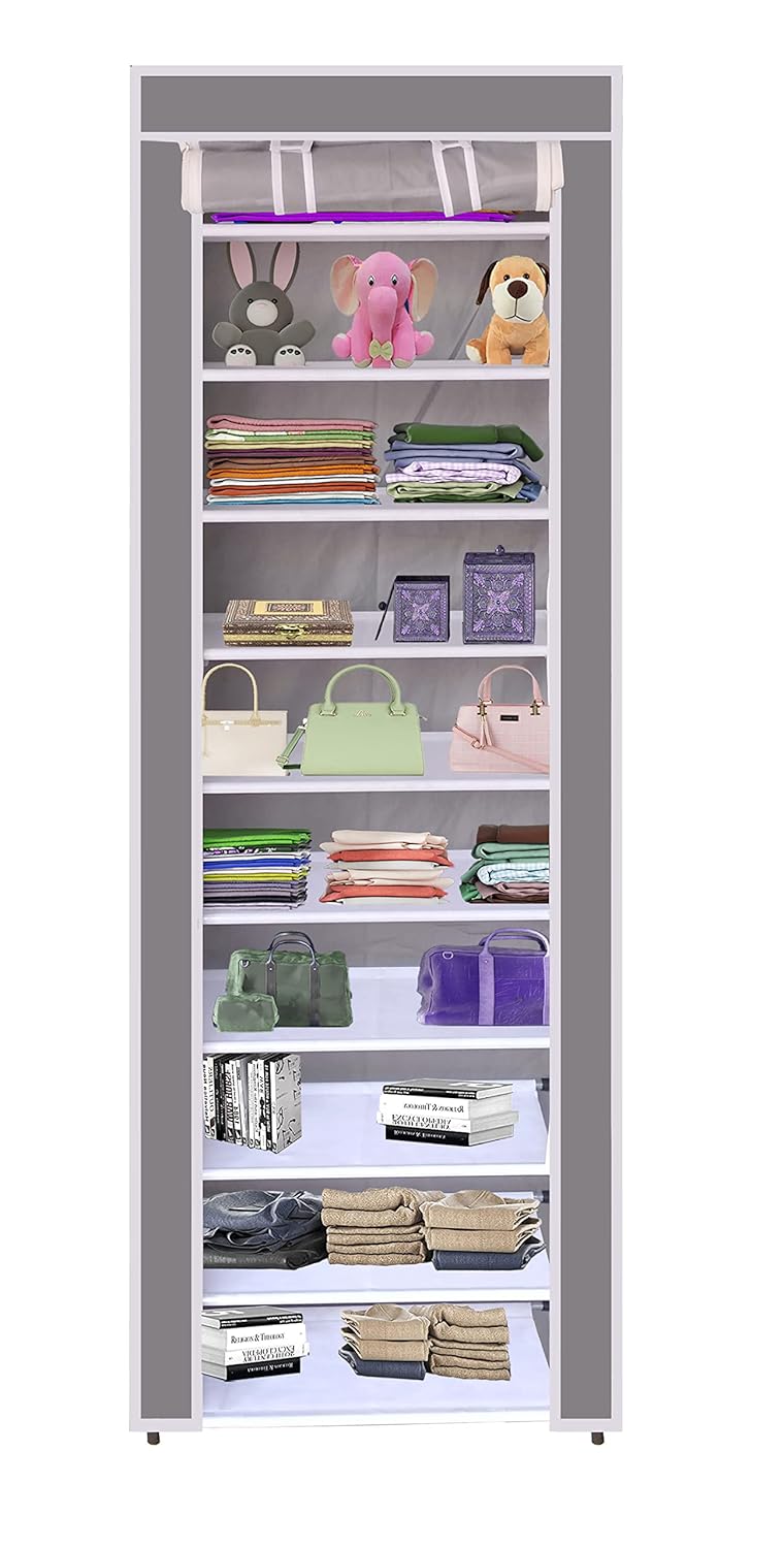 Whitecloud TRANSFORMING HOMES Whitecloud TRANSFORMING HOMES Collapsible Portable Foldable Wardrobe Storage Shelves Organizer for Clothes Racks Fabric Almirah Non Rustable Iron 10 Layer Grey Storage Unit  - Image 1