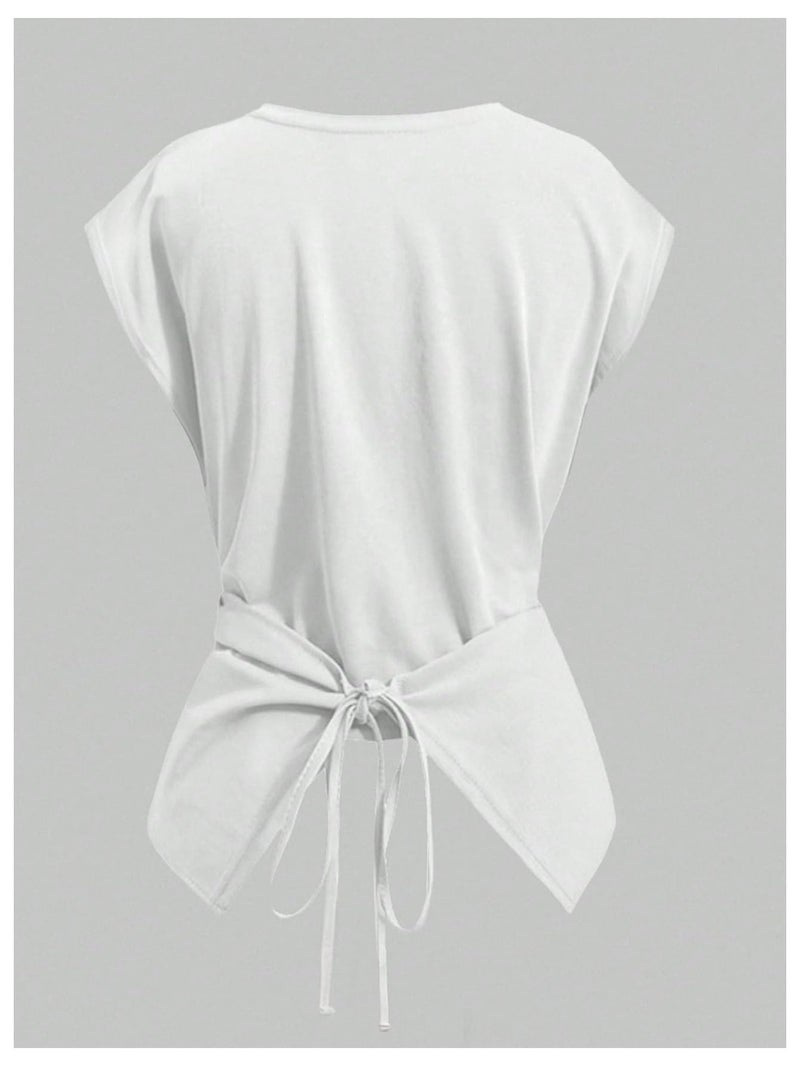 Verdusa Women's Cinched Waist Wrap Top Cap Sleeve Tie Back Going Out Workout Business Casual Tops White Large - Image 2