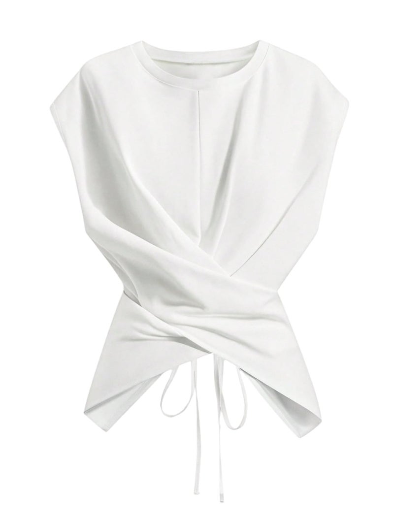 Verdusa Women's Cinched Waist Wrap Top Cap Sleeve Tie Back Going Out Workout Business Casual Tops White Large - Image 1