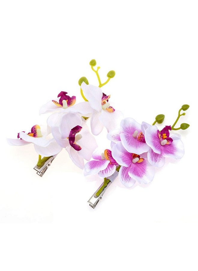 Suoirblss 2Pcs Hawaiian Orchid Flower Hair Clips Flowers Alligator Clips Hairpins Holiday Travel Wedding Decoration Hair Accessories For Women Lady Bridal (White Purple)  - Image 2