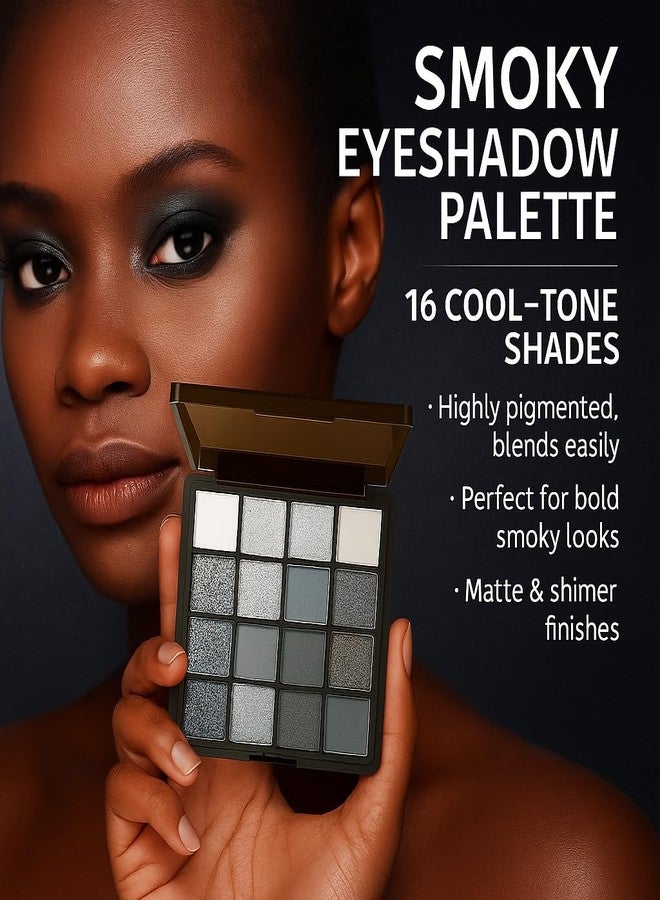 GOERTI Smoky Eyeshadow Palette, 16 Color Matte & Shimmer Glitter, High Pigment Blendable Long-Lasting Black Silver Gray Eyeshadow Set for Party Night-Out Looks (Black) - Image 4