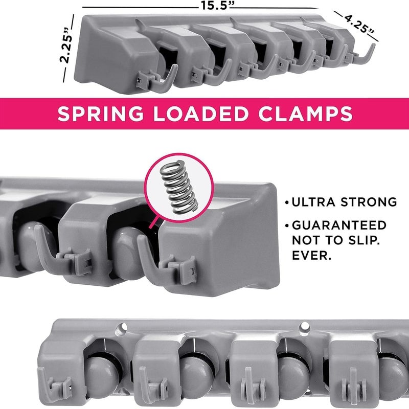REDUCK Heavy Duty Broom Holder Wall Mounted Mop Broom Stick Organizer with 5 Slots 6 Hooks Durable ABS Material Grey Wall Storage Stand for Home Garage Garden Office - Image 4