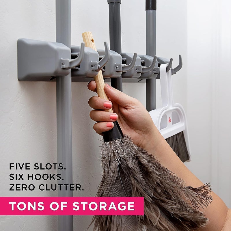 REDUCK Heavy Duty Broom Holder Wall Mounted Mop Broom Stick Organizer with 5 Slots 6 Hooks Durable ABS Material Grey Wall Storage Stand for Home Garage Garden Office - Image 2
