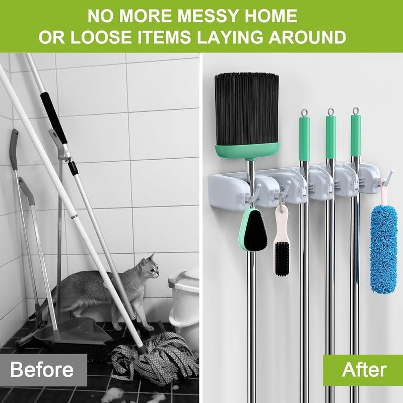 REDUCK Heavy Duty Broom Holder Wall Mounted Mop Broom Stick Organizer with 5 Slots 6 Hooks Durable ABS Material Grey Wall Storage Stand for Home Garage Garden Office - Image 5