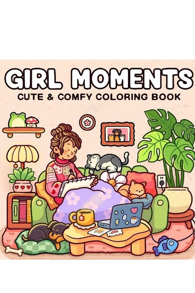 "Girl Moments" Coloring Book for Adults & Teens – Cute & Cozy Daily Relaxation Activity with Whimsical Illustrations of Girls Reading with Pets, Perfect for Stress Relief, Cozy Spaces & Holiday Gifting - Image 1