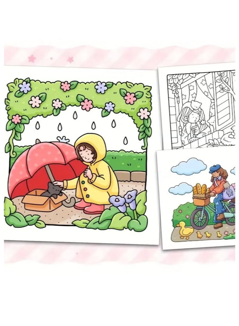 "Girl Moments" Coloring Book for Adults & Teens – Cute & Cozy Daily Relaxation Activity with Whimsical Illustrations of Girls Reading with Pets, Perfect for Stress Relief, Cozy Spaces & Holiday Gifting - Image 2