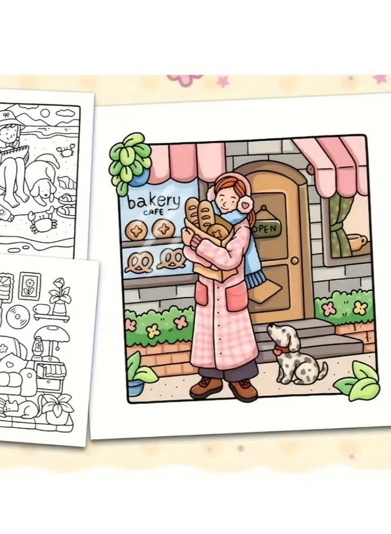 "Girl Moments" Coloring Book for Adults & Teens – Cute & Cozy Daily Relaxation Activity with Whimsical Illustrations of Girls Reading with Pets, Perfect for Stress Relief, Cozy Spaces & Holiday Gifting - Image 3