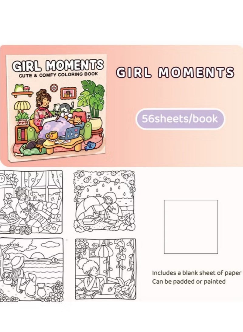 "Girl Moments" Coloring Book for Adults & Teens – Cute & Cozy Daily Relaxation Activity with Whimsical Illustrations of Girls Reading with Pets, Perfect for Stress Relief, Cozy Spaces & Holiday Gifting - Image 5
