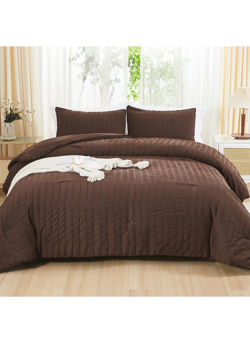 AveLom AveLom Brown Seersucker Twin Comforter Set (68x90 inches)  2 Pieces-100% Soft Washed Microfiber Lightweight Comforter with 2 Pillowcases  All Season Down Alternative Comforter Set for Bedding  - Image 1