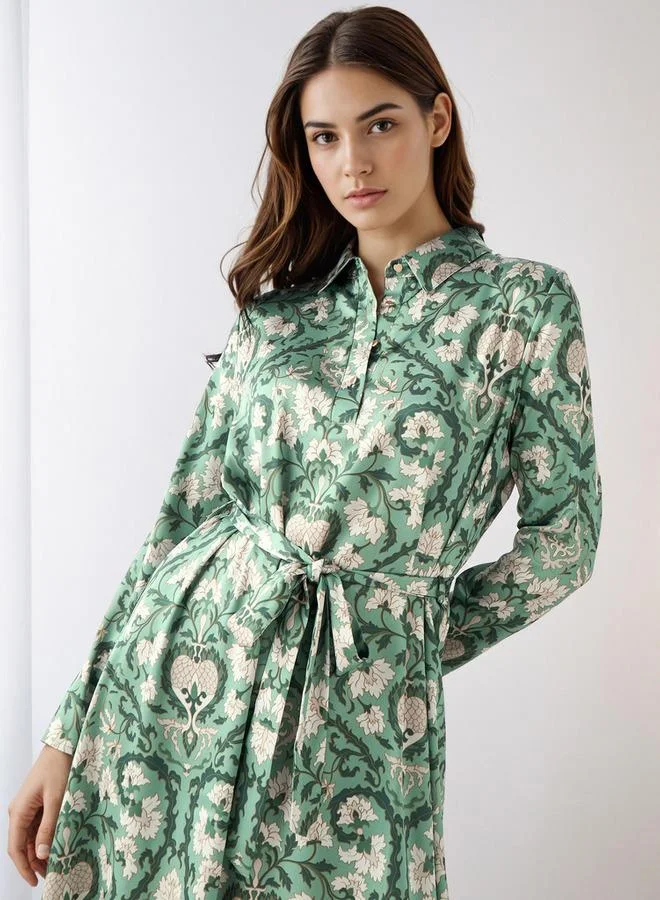 Splash FAV Floral Print Shirt Dress with Tie-Up Detail