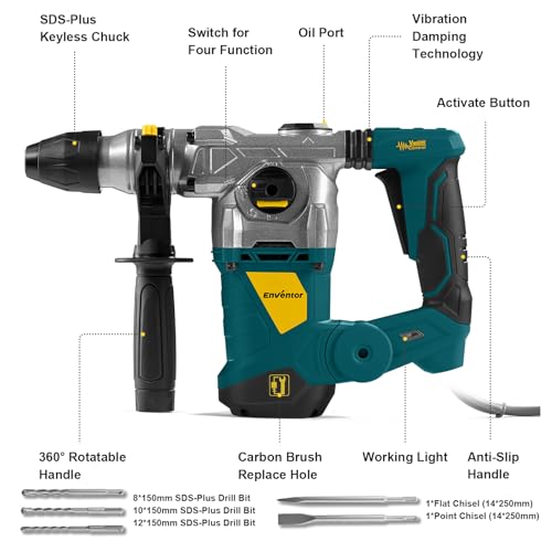 Enventor 1-1/4 Inch SDS-Plus 13A Heavy Duty Rotary Hammer Drill for Concrete Stone, Safety Clutch Electric Demolition Hammer Drill with 4 Functions, Vibration Control, Chisels, Drill Bits, Blue - Image 3