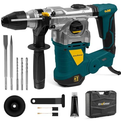 Enventor 1-1/4 Inch SDS-Plus 13A Heavy Duty Rotary Hammer Drill for Concrete Stone, Safety Clutch Electric Demolition Hammer Drill with 4 Functions, Vibration Control, Chisels, Drill Bits, Blue - Image 1