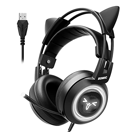SOMIC G951black Gaming Headset for PC, PS4, Laptop: 7.1 Virtual Surround Sound Detachable Cat Ear Headphones LED, USB, Lightweight Self-Adjusting Over Ear Headphones Black - Image 1
