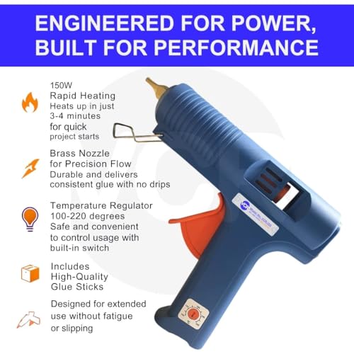 VCR 150W Heavy Duty Glue Gun with Temperature Control Regulator - 150 Watts & Thin Nozzle for Precise Glue Output (DIY & Professional Use) + 40 Transparent - 11mm Glue Sticks - VCR 150 - Image 4