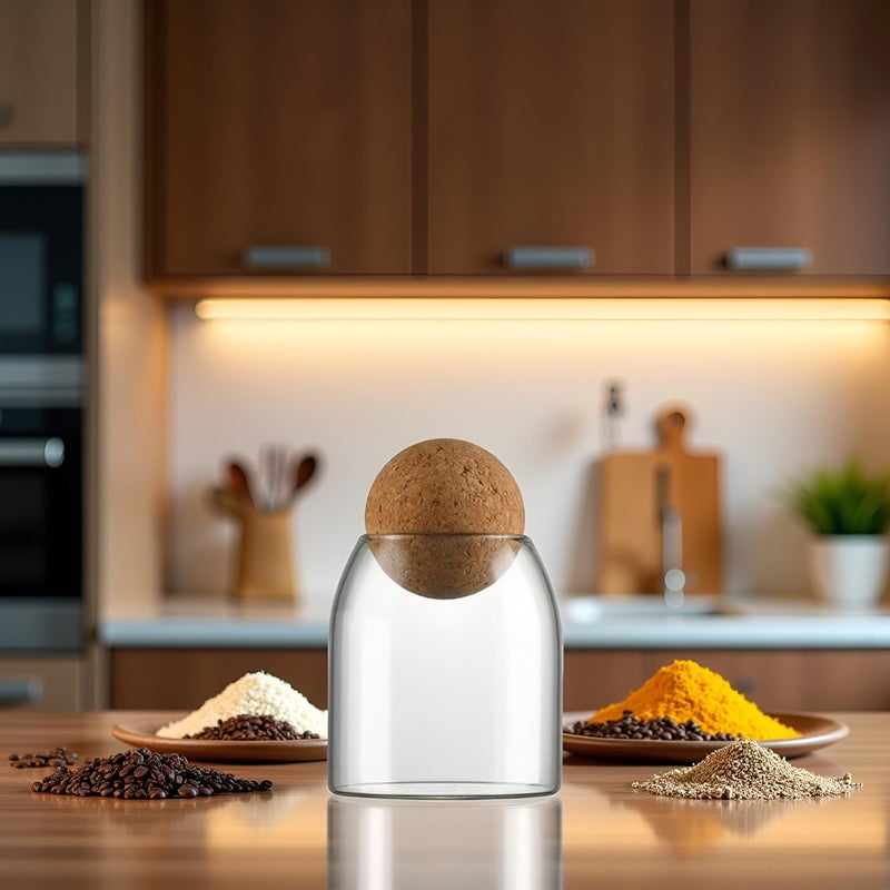 Jinshining Spherical Cork-Sealed Storage Tank,500ML/16Oz Clear Glass Storage Cute Canister Holder Ball Wood Cork Top,Cylinder Container Jar for Coffee,Spice,Candy Cool Terrarium Bottle,Storage and Organization - Image 3
