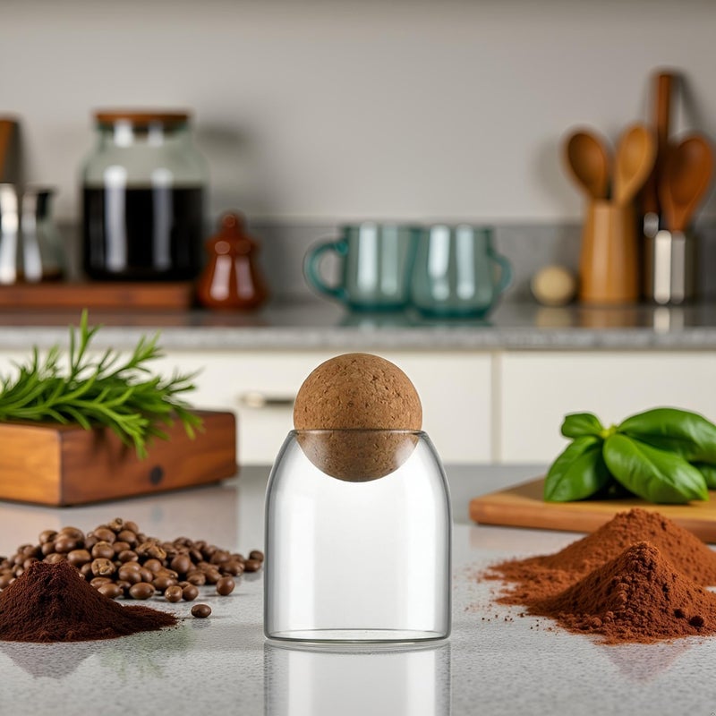 Jinshining Spherical Cork-Sealed Storage Tank,500ML/16Oz Clear Glass Storage Cute Canister Holder Ball Wood Cork Top,Cylinder Container Jar for Coffee,Spice,Candy Cool Terrarium Bottle,Storage and Organization - Image 2