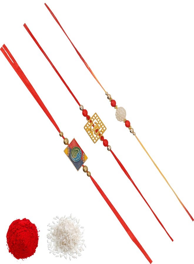 Vientiq Men's Set of 3 Om Pearl Rakhi for Brother Beaded Spiritual Rakhi Combo for Rakshabandhan Includes Roli & Chawal - Image 1