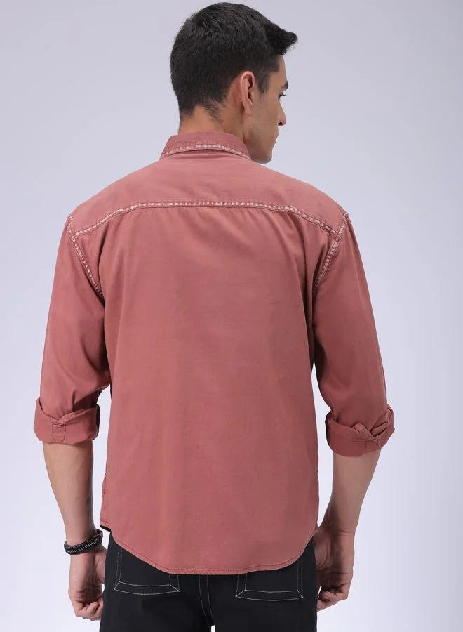 The Indian Garage Co Men Regular Fit Vintage Full Sleeves Cutaway Collar Street Wear Shirt