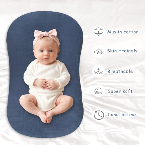 Hooyax Muslin Baby Lounger Cover 2 Pack - 100% Breathable Cotton Soft Infant Lounger Covers, Fits Most Standard Newborn Loungers & Pillows (Blue Checker + Navy) - Image 5