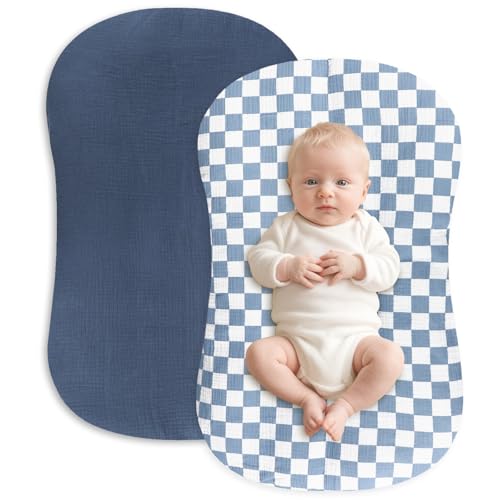 Hooyax Muslin Baby Lounger Cover 2 Pack - 100% Breathable Cotton Soft Infant Lounger Covers, Fits Most Standard Newborn Loungers & Pillows (Blue Checker + Navy) - Image 1