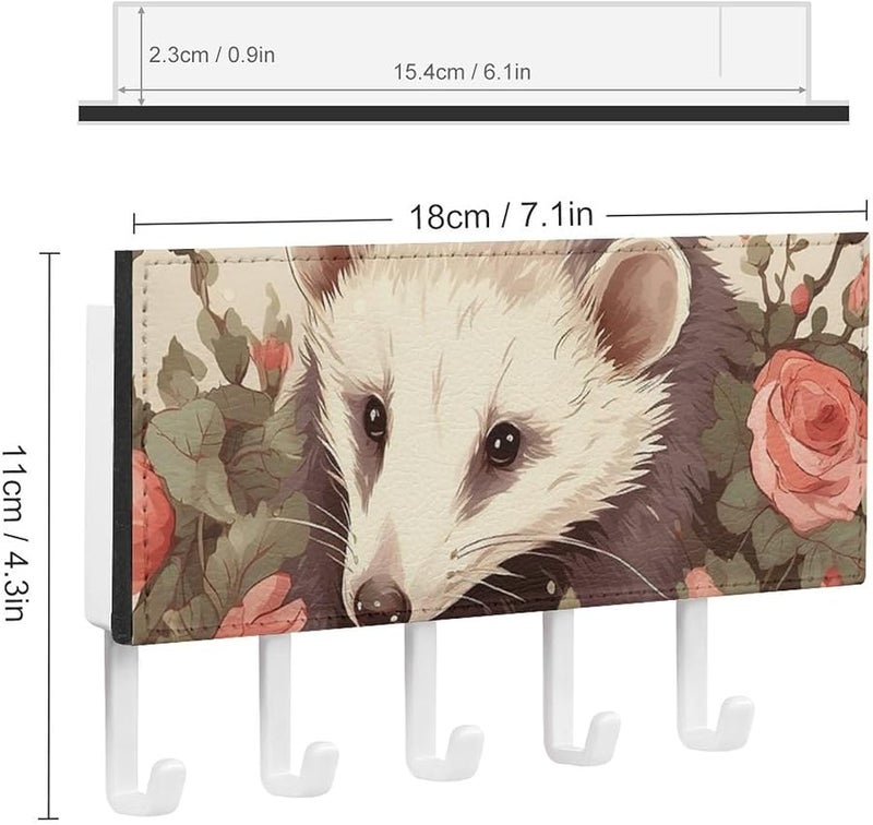 حامل مفاتيح حائطي من جلد PU بأبوسوم والورود مع 5 خطاطيف، منظف رف المفاتيح، تخزين المدخل - Image 3