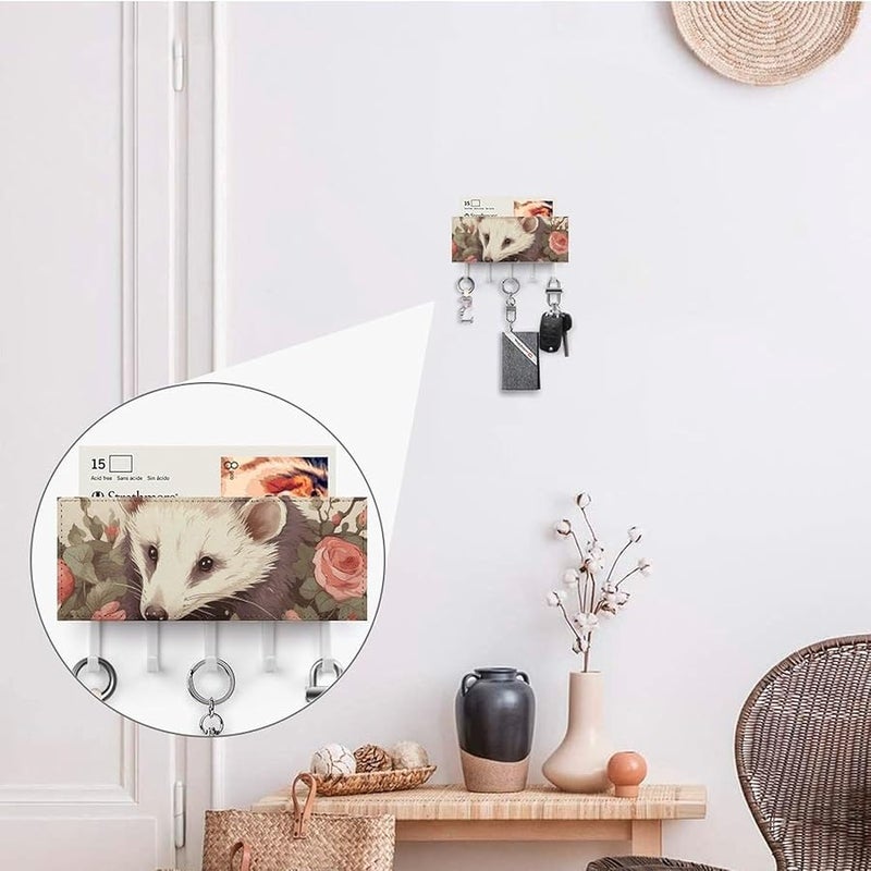 حامل مفاتيح حائطي من جلد PU بأبوسوم والورود مع 5 خطاطيف، منظف رف المفاتيح، تخزين المدخل - Image 5