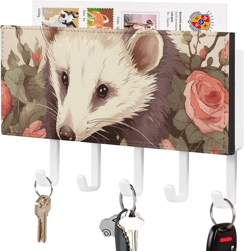 حامل مفاتيح حائطي من جلد PU بأبوسوم والورود مع 5 خطاطيف، منظف رف المفاتيح، تخزين المدخل - Image 1