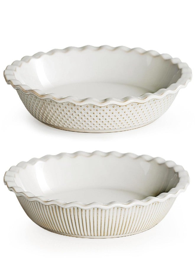 getstar Ceramic Pie Pan Set of 2, 9 inch Pie Dish for Baking, Non-Stick, Oven & Dishwasher Safe, Farmhouse Decor Quiche Baking Dish, Pie Plate, Deep Dish Pie Pan (Embossed Stripes+Dots) - Image 1