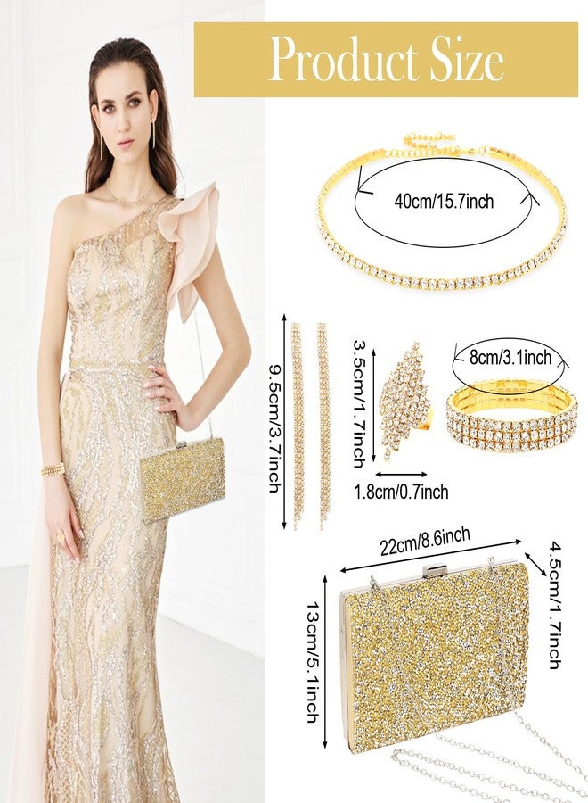 ACO-UINT 5 Pieces Clutch Purse Rhinestone Jewelry Sets for Women Prom Necklace Earrings Bracelet Ring Bling Glitter Purse Formal Jewelry for Women Evening Wear (Gold Color) - Image 4