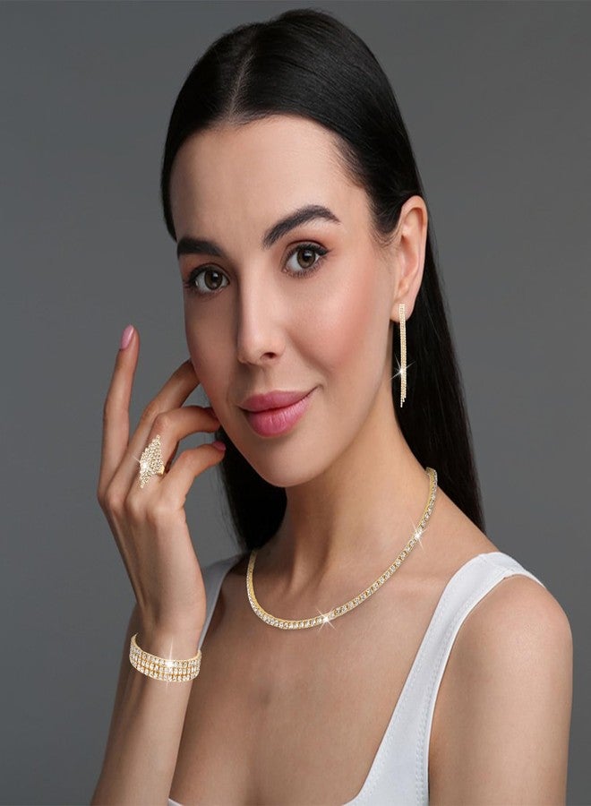 ACO-UINT 5 Pieces Clutch Purse Rhinestone Jewelry Sets for Women Prom Necklace Earrings Bracelet Ring Bling Glitter Purse Formal Jewelry for Women Evening Wear (Gold Color) - Image 5