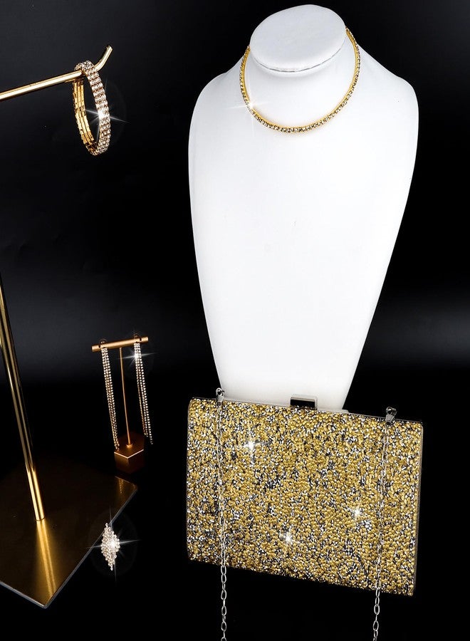 ACO-UINT 5 Pieces Clutch Purse Rhinestone Jewelry Sets for Women Prom Necklace Earrings Bracelet Ring Bling Glitter Purse Formal Jewelry for Women Evening Wear (Gold Color) - Image 2