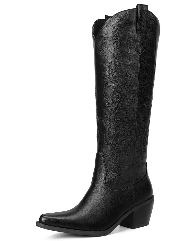 Pasuot Western Cowboy Boots for Women - Knee High Wide Calf Cowgirl Boots, Slip On Pointed Toe Chunky Heel Fashion Retro Classic Pull On Tall Boot for ladies Party concert Black US 7.5 - Image 1