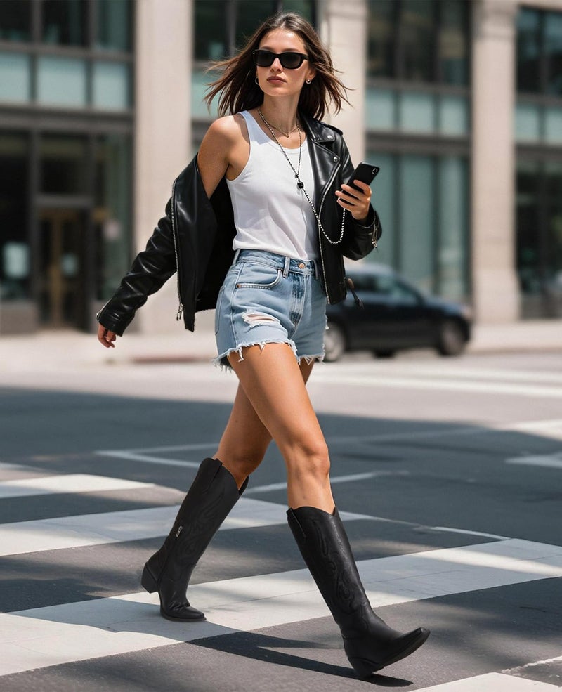 Pasuot Western Cowboy Boots for Women - Knee High Wide Calf Cowgirl Boots, Slip On Pointed Toe Chunky Heel Fashion Retro Classic Pull On Tall Boot for ladies Party concert Black US 7.5 - Image 4