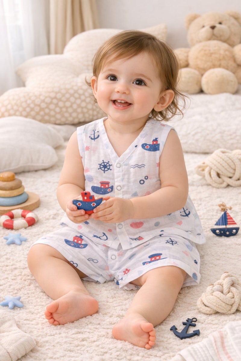 Pack of 2 - Baby Muslin Co-ord Set - Sleeveless Vest & Shorts, Soft Cotton Summer Outfit - (6-9 Months) - Image 5
