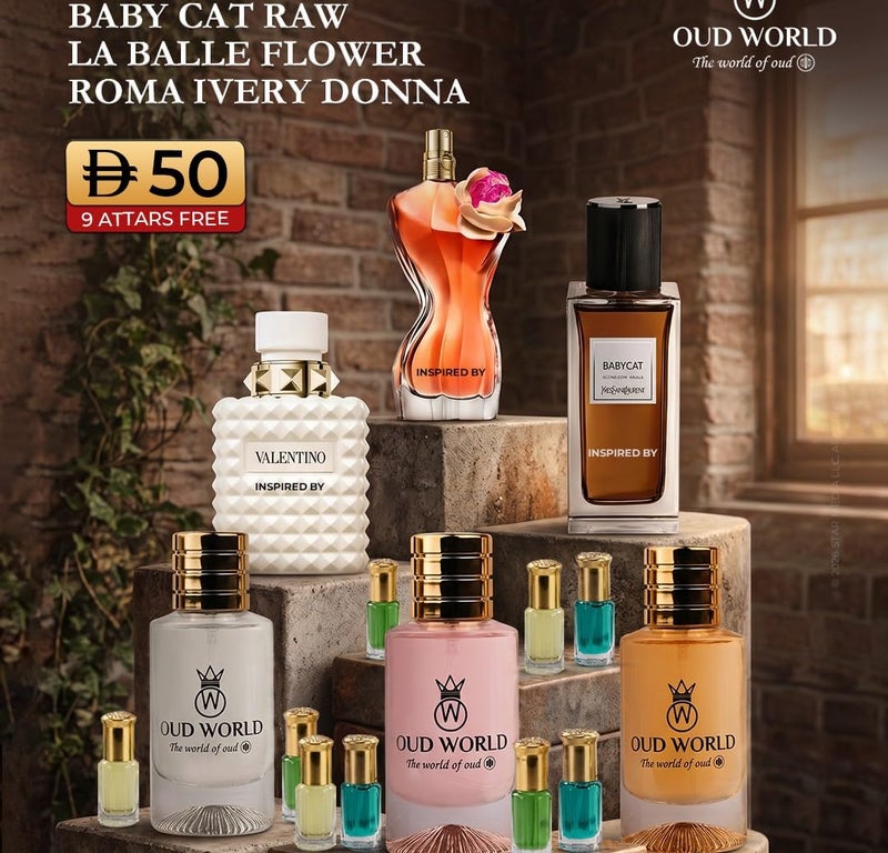 Oud World مجموعة عود وورلد كومبو 28 - ثلاثي عطور بيبي كات راوو، لا بالير فلور ورومّا آيفري دونا | مزيج حار فاكهي زهور وفانيليا - Image 2