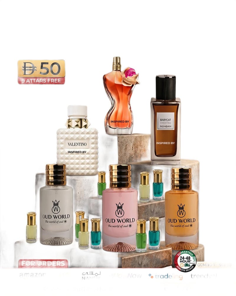 Oud World مجموعة عود وورلد كومبو 28 - ثلاثي عطور بيبي كات راوو، لا بالير فلور ورومّا آيفري دونا | مزيج حار فاكهي زهور وفانيليا - Image 1
