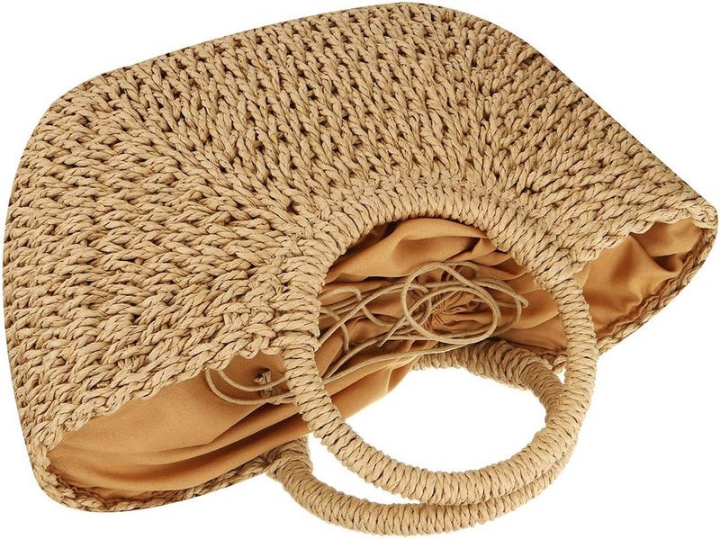 EROUGE Natural Chic Straw Bag Hand Woven Round Handle Handbags Retro Summer Beach Bag - Image 3