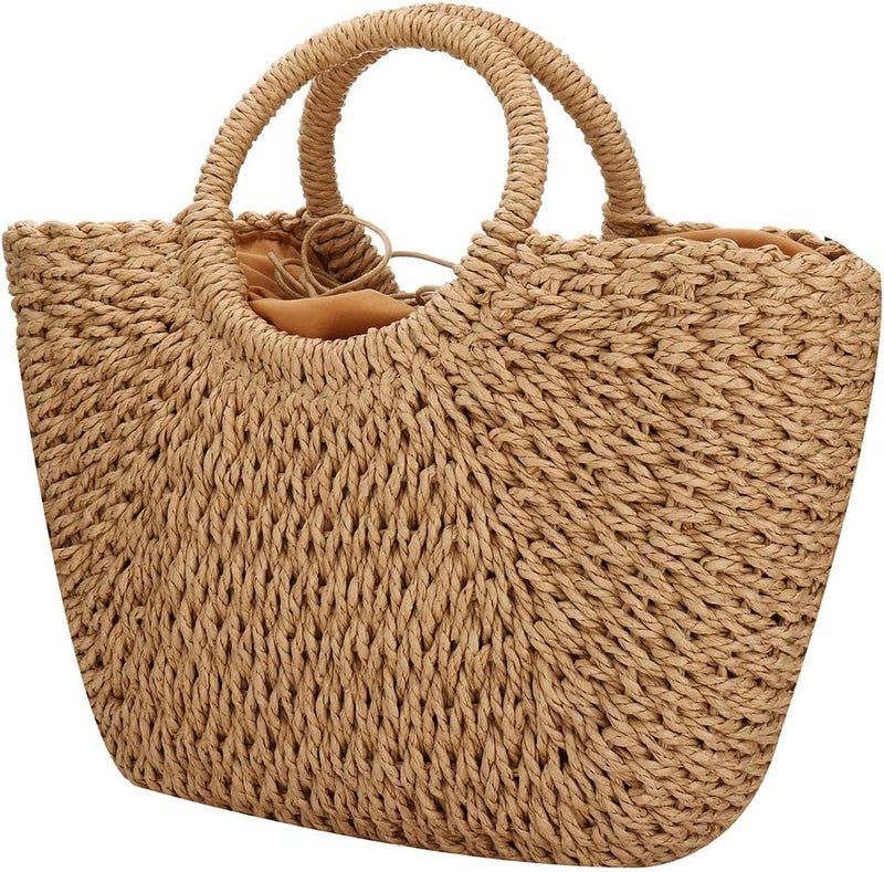 EROUGE Natural Chic Straw Bag Hand Woven Round Handle Handbags Retro Summer Beach Bag - Image 1