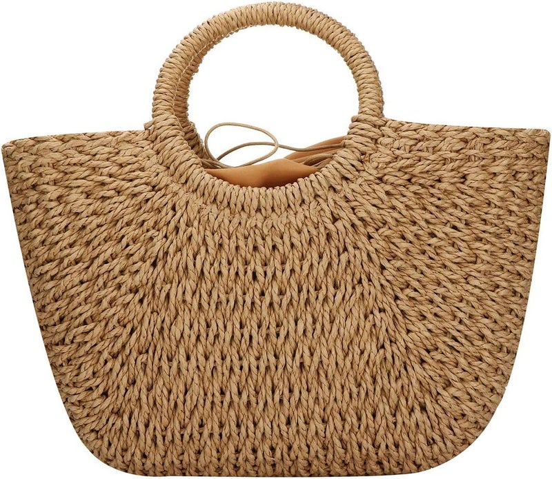 EROUGE Natural Chic Straw Bag Hand Woven Round Handle Handbags Retro Summer Beach Bag - Image 2