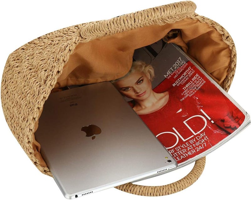EROUGE Natural Chic Straw Bag Hand Woven Round Handle Handbags Retro Summer Beach Bag - Image 4