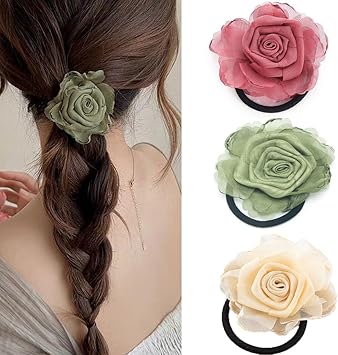 VASANA 3PCS Handmade Rose Flower Stretchy Hair Ties Elastics Bands Hairbands Ponytail Holders Floral Headbands Stretchy Elastic Hair Band Scrunchy 3 Colors - Image 1