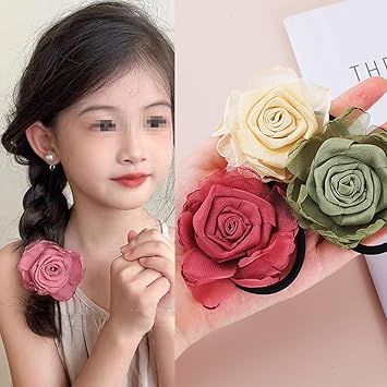 VASANA 3PCS Handmade Rose Flower Stretchy Hair Ties Elastics Bands Hairbands Ponytail Holders Floral Headbands Stretchy Elastic Hair Band Scrunchy 3 Colors - Image 4