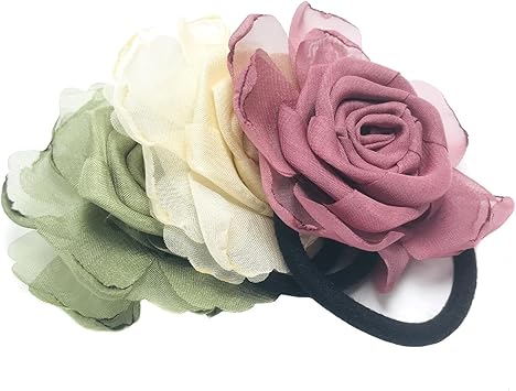 VASANA 3PCS Handmade Rose Flower Stretchy Hair Ties Elastics Bands Hairbands Ponytail Holders Floral Headbands Stretchy Elastic Hair Band Scrunchy 3 Colors - Image 2