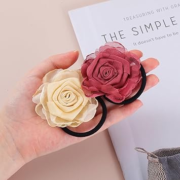 VASANA 3PCS Handmade Rose Flower Stretchy Hair Ties Elastics Bands Hairbands Ponytail Holders Floral Headbands Stretchy Elastic Hair Band Scrunchy 3 Colors - Image 5