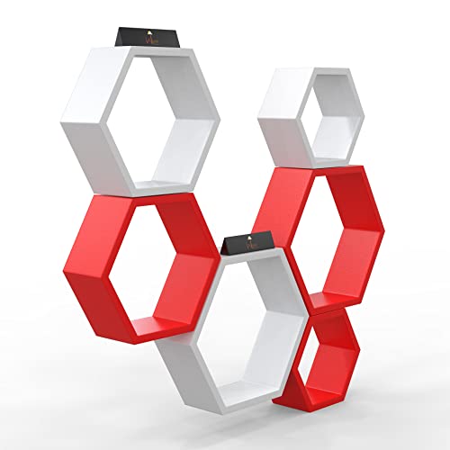 Raafi Hexagonal Shape Wooden Floating Wall Shelves (Set of 6) (Red & White) - Image 5