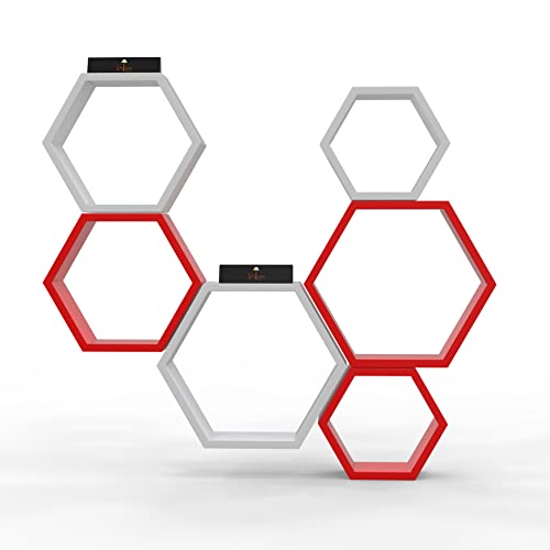 Raafi Hexagonal Shape Wooden Floating Wall Shelves (Set of 6) (Red & White) - Image 2